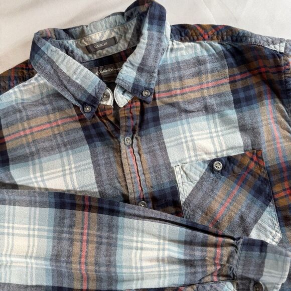 Eddie Bauer Large Tall Classic Fit Flannel Shirt Blue Red Brown 100% Cotton - Picture 1 of 7